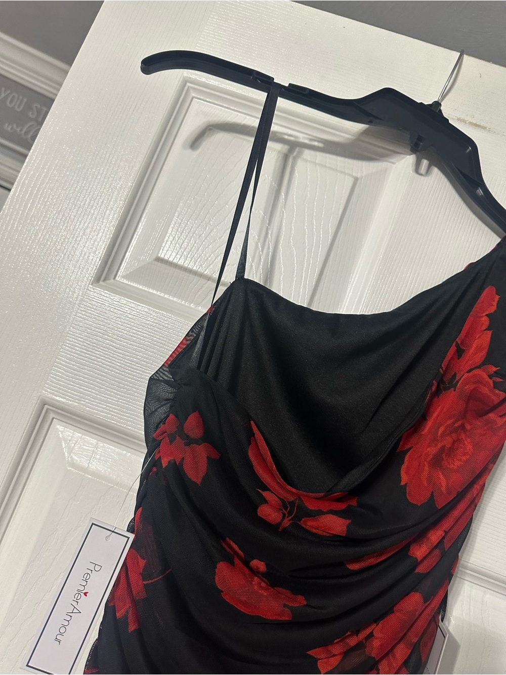 NWT Premier Amour One-Shoulder Ruched Black Dress with Red Floral Print - Picture 9 of 13